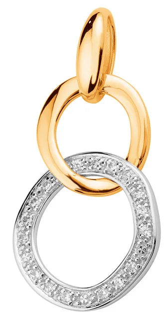 Kohinoor 123-9331 diamanthänge har två sammanflätade ringar: Den övre ringen är gjord av glänsande 14-karats gult guld. Den nedre ringen är gjord av 14 karats vitguld och är infattad med 16 ljusa Wesselton-diamanter (totalvikt 0,09 karat).