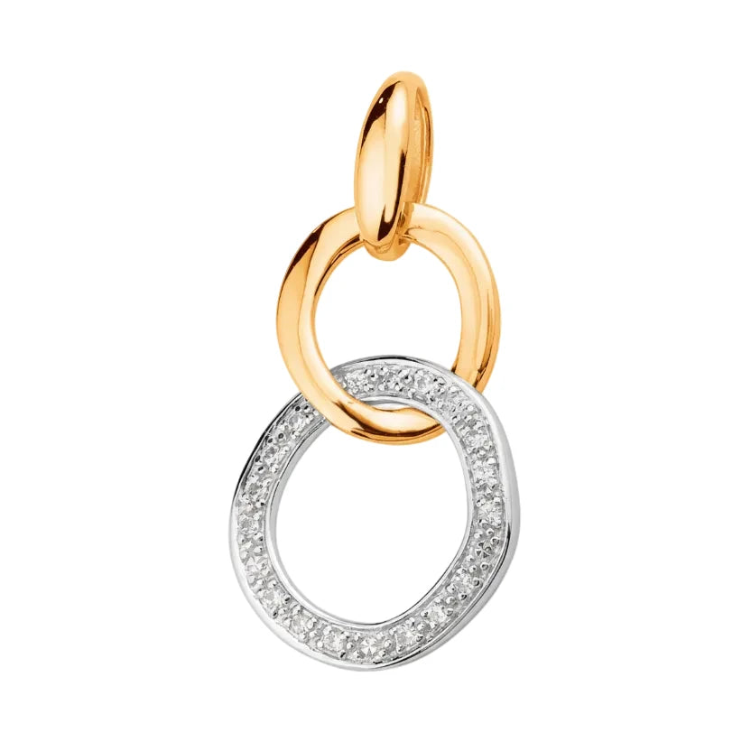 Kohinoor 123-9331 diamanthänge har två sammanflätade ringar: Den övre ringen är gjord av glänsande 14-karats gult guld. Den nedre ringen är gjord av 14 karats vitguld och är infattad med 16 ljusa Wesselton-diamanter (totalvikt 0,09 karat).