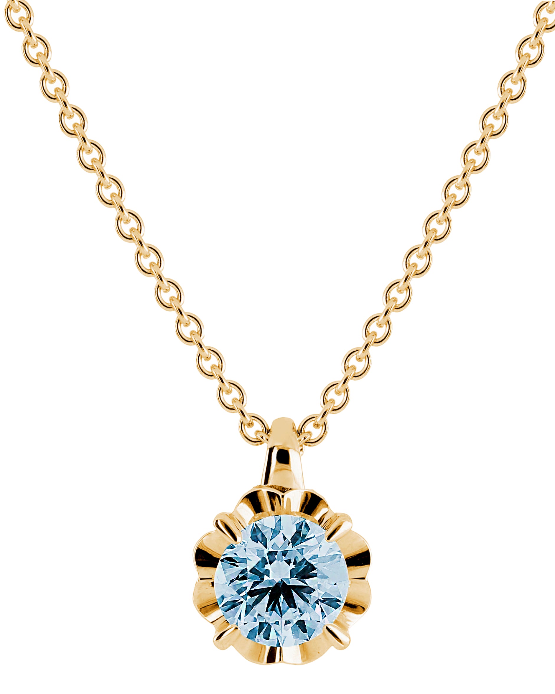 Kohinoor Vega 213-445A halsband har en tunn guldkedja. Hänget är ett 5 mm blått akvamarin set i en enkel och elegant guldram.