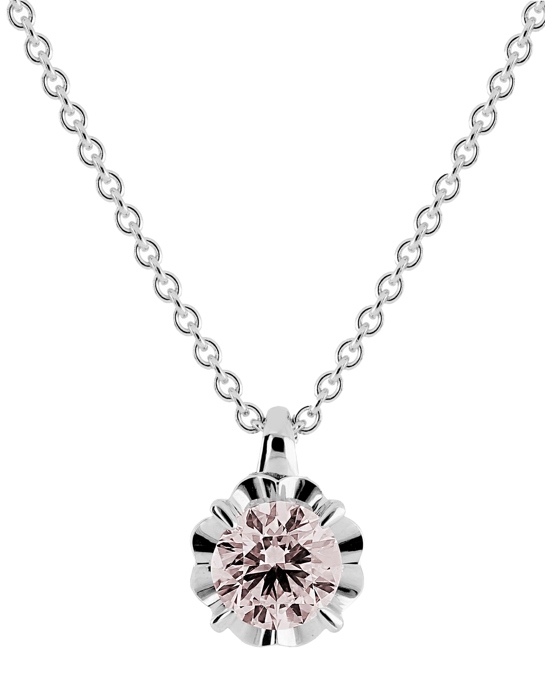 Kohinoor Vega 213-445VMO halsband har en tunn kedja i vitguld. Hänget är ett 5 mm rosa morganit i en enkel och elegant ram i vitguld.