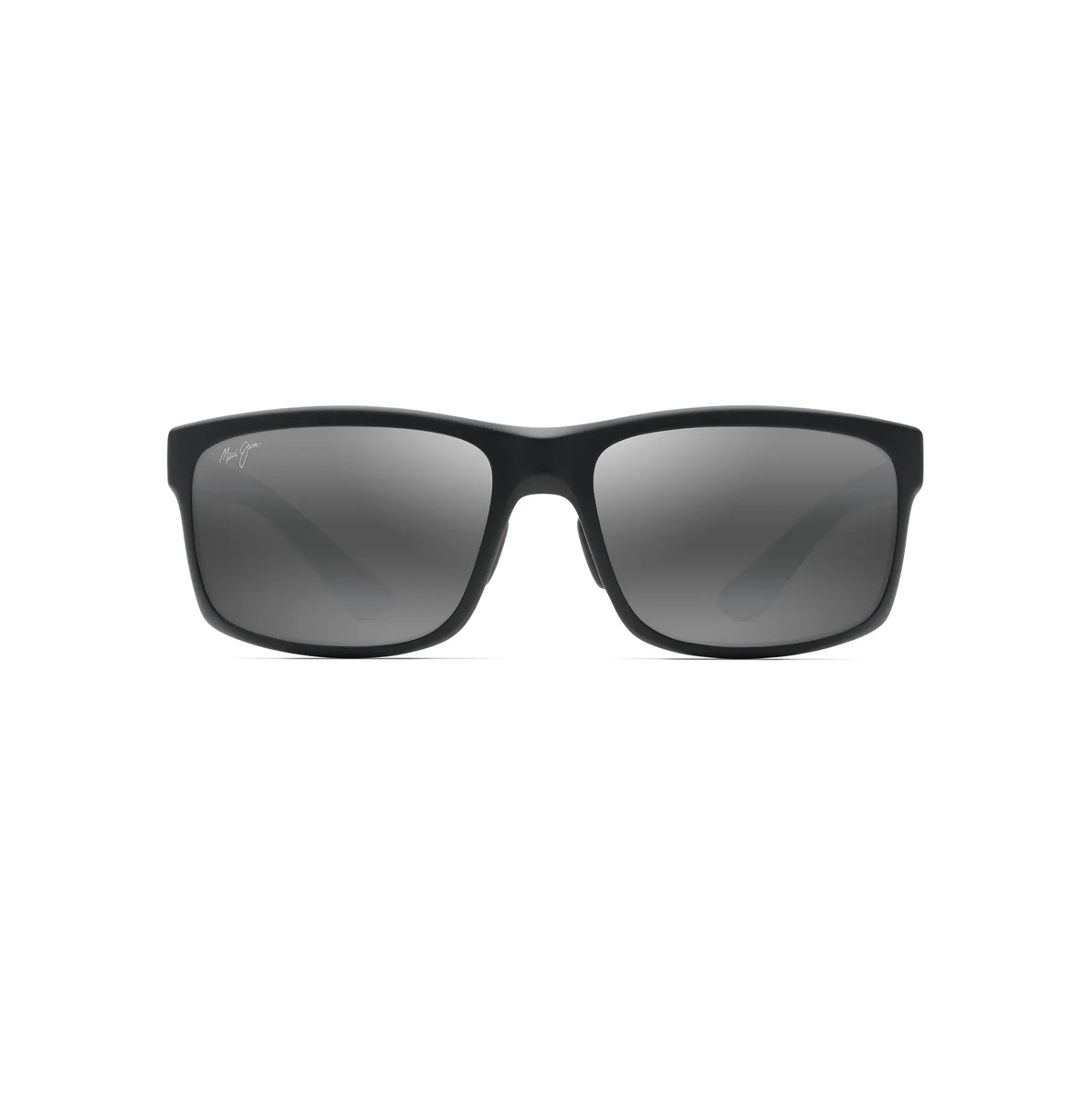 Klassiset ja urheilulliset Maui Jim Pokowai Arch -aurinkolasit suoraan edestä kuvattuna. Mattamusta Grilamid-runko ja tummanharmaat Neutral Grey -linssit.