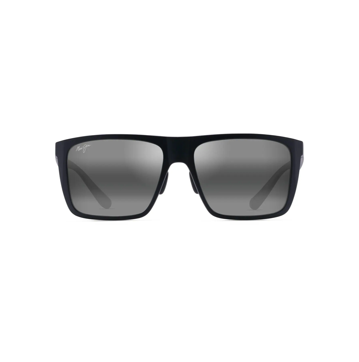 Modernit ja raamit miesten Maui Jim Honokalani -aurinkolasit suoraan edestä. Mattamusta nailonrunko, suora flat-top-ylälinja ja tummanharmaat Neutral Grey -linssit.