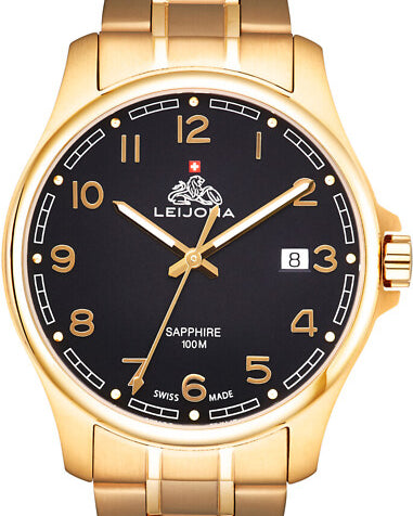 Leijona Swiss Halti 5010-2481 herrklocka i gulddoublé med svart urtavla och stålarmband.