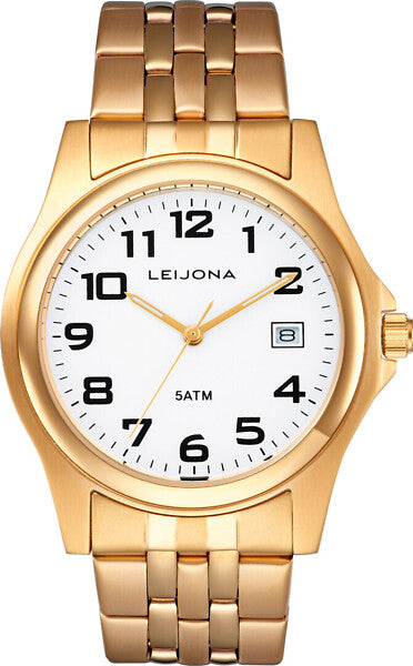 Leijona Legends 74 5010-747 herrklocka har en rund, vit urtavla med datumvisning, svarta numeriska index och guldfärgade visare. Ramen, boetten och remmen är också guldfärgade.