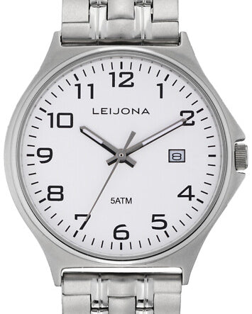 Leijona Classic Konnevesi 5012-1917 herrklocka har en rund vit urtavla med datumvisning, svarta index och gråa visare. Ramen och remmen är silverfärgade.