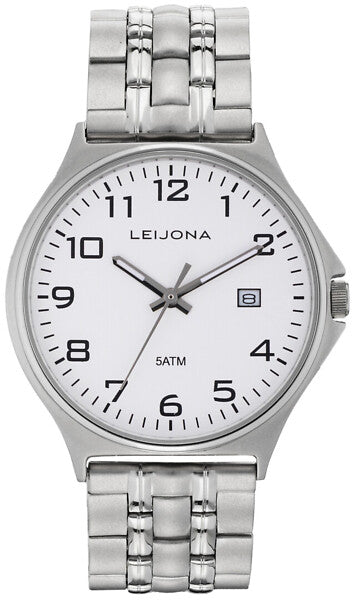 Leijona Classic Konnevesi 5012-1917 herrklocka har en rund vit urtavla med datumvisning, svarta index och gråa visare. Ramen och remmen är silverfärgade.