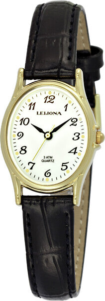 Leijona Classic Laitasaari 5120-2187 damklocka har en oval, vit urtavla med svarta numeriska index och visare. Ramen och boetten är guldfärgade. Remmen är en svart läderrem med svarta sömmar.