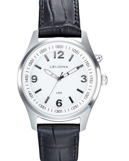 Leijona 5120-4630 Bao Jie armbandsur med vit urtavla och svart läderarmband.