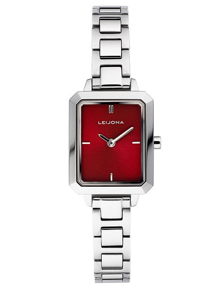 Leijona Sointu Razzle Red 5172-4734 damklocka har en fyrkantig, röd urtavla med silverfärgade index och visare. Ramen, boetten och remmen är silverfärgade.