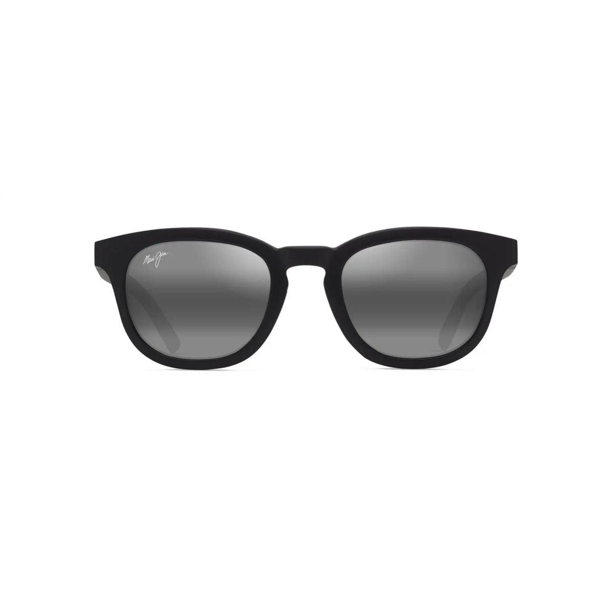 Klassiset pyöreät Maui Jim Koko Head -aurinkolasit suoraan edestä katsottuna. Mattamusta kokokehys, tyylikäs avaimenreikäsilta ja tummanharmaat linssit.