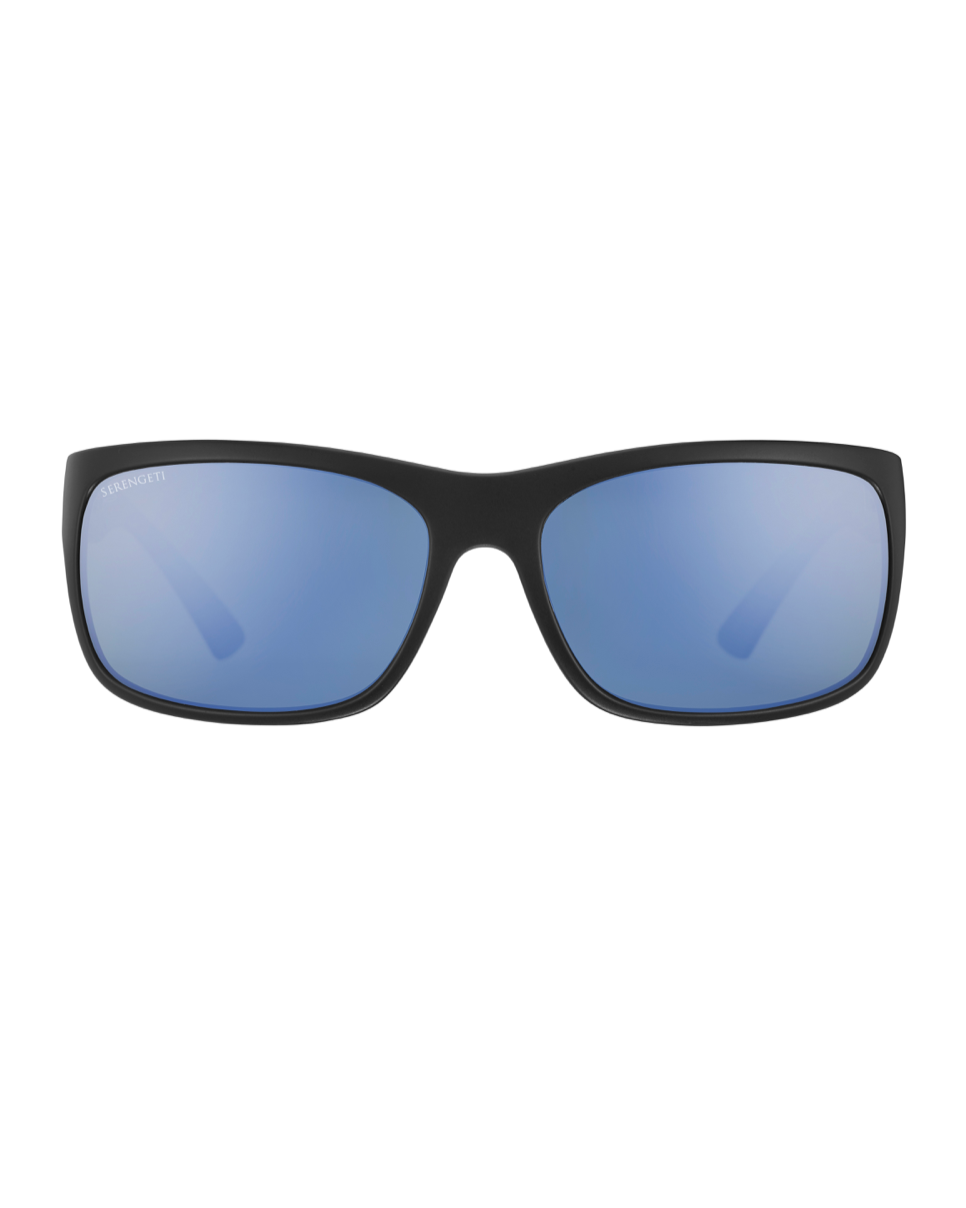 Serengeti Pistoia 8298 -aurinkolasit suoraan edestä kuvattuna. Mattamusta nylonkehys (Matte Black) ja siniset peilipintaiset Mineral Polarized 555nm Blue -mineraalilinssit.