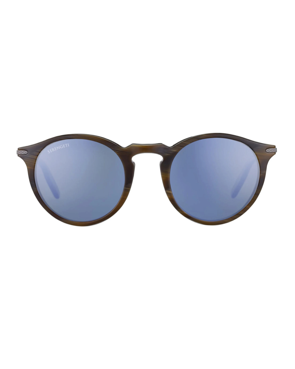 Pyöreät Serengeti Raffaele 8835 -aurinkolasit suoraan edestä kuvattuna. Kiiltävä puukuvioitu asetaattikehys, avaimenreikäsilta ja siniset peilipintaiset Mineral Polarized 555nm Blue -mineraalilinssit.