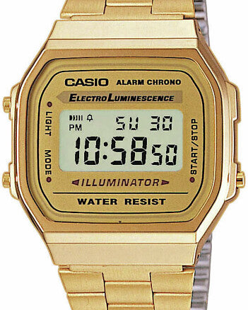 Casio A168WG-9EF herrklocka har en fyrkantig, grön digital urtavla. Ramen, boetten och remmen är guldfärgade.