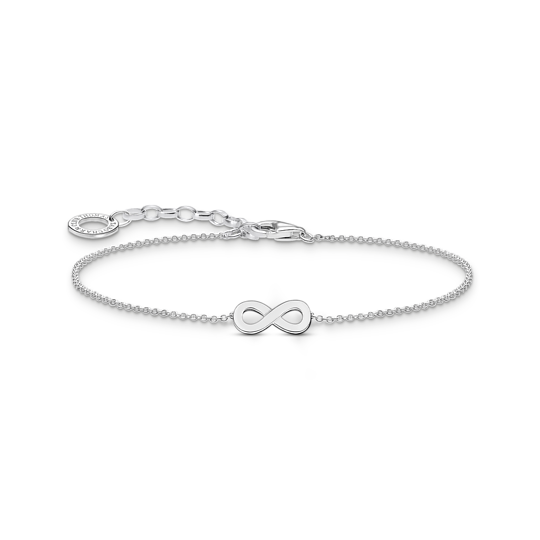 Thomas Sabo Infinity Pendant-armband A2161-001-21 är ett ljust silverfärgat smycke med en tunn kedja och en slät evighetssymbol.