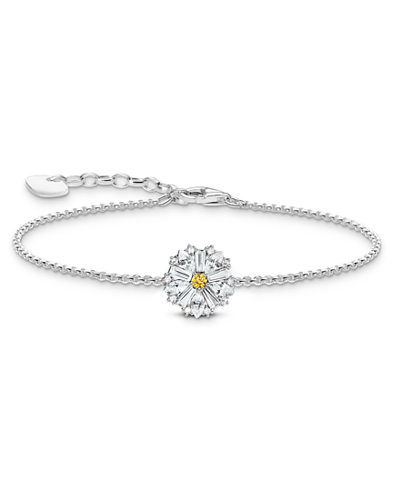 Siisti Thomas Sabo Lovely Daisy -hopearannekoru, jonka keskiosana on valkoisilla ja keltaisilla zirkoniakivillä koristeltu päivänkakkara.