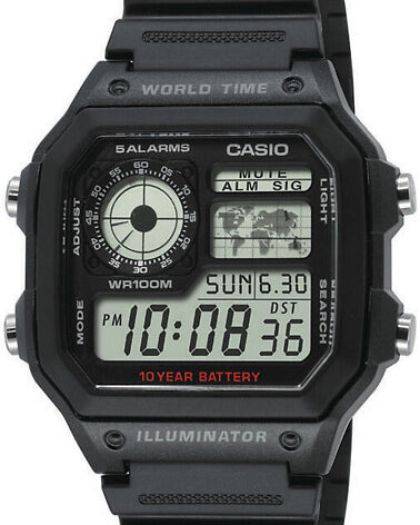 Svart Casio AE-1200WH-1AVEF digitalklocka med världskarta och 10 års batteri.