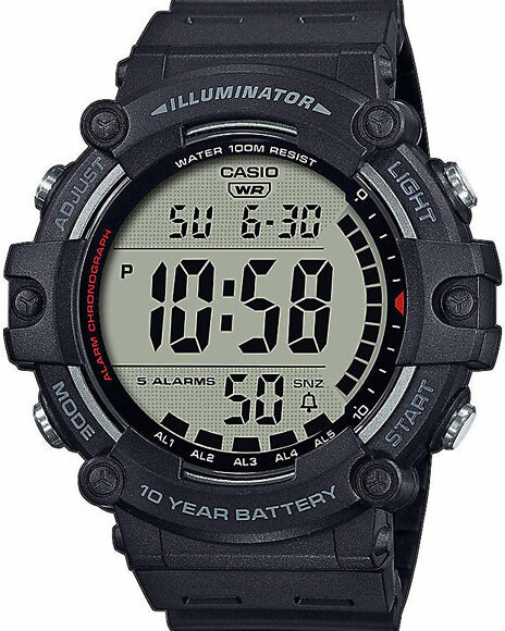 Svart Casio AE-1500WH-1AVEF digitalklocka med stor display och armband i konstharts.