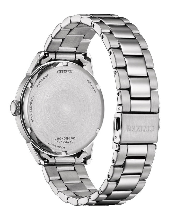 Detaljbild av baksidan på Citizen AW0151-85X som visar det solida boettlocket och stålarmbandets vikspänne.