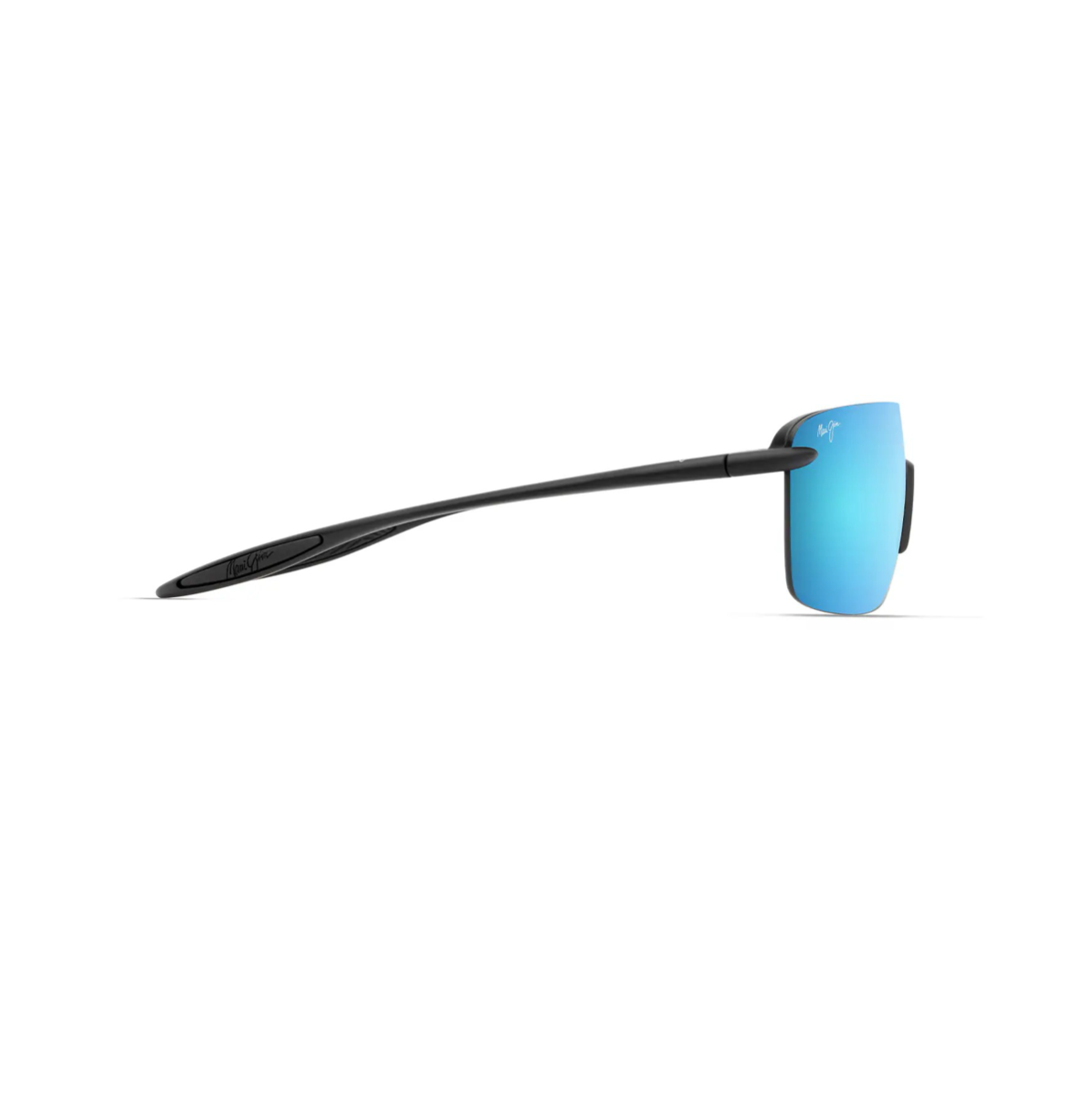 Profiilikuva Maui Jim Pālulu -aurinkolaseista sivulta. Kuvassa erottuvat kaarevat ja futuristiset mattamustat sangat, joiden kumisissa päädyissä on aaltokuviointi sekä kaiverrettu Script-logo.
