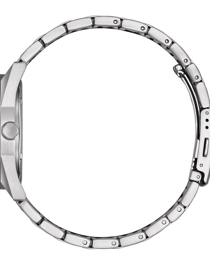 Citizen BM7620-83M klocka sedd från sidan, visar den tunna profilen på 9,7 mm och kronan i stål.