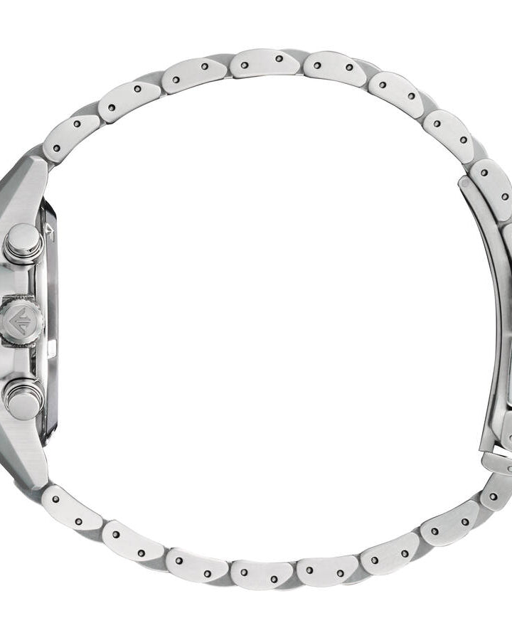 Citizen Promaster CA4664-60E sedd från sidan, visar de sportiga kronografknapparna och den mönstrade kronan.