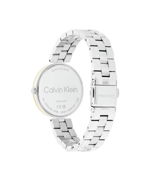 Calvin Klein Gleam CK25100012 klockans baksida är silverfärgad.
