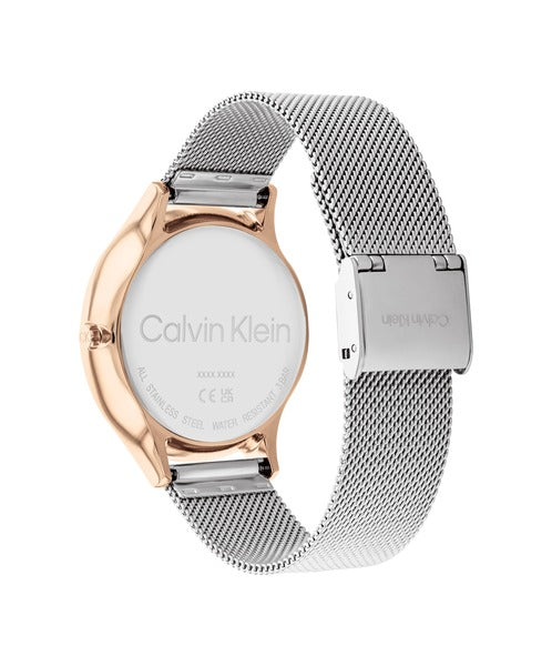 Calvin Klein Timeless Multifunction CK25200106 klockans baksida är silverfärgad.