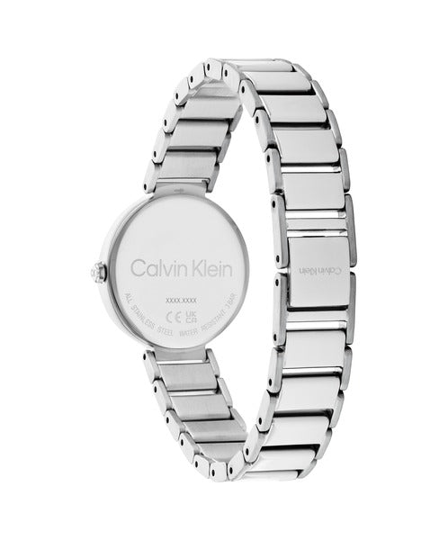 Calvin Klein Minimalistic T Bar CK25200138 klockans baksida är silverfärgad.