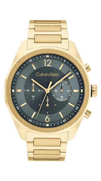 Calvin Klein Force CK25200266 herrklocka har en grön urtavla med datumvisning och guldfärgade index och visare. Ramen och remmen är också guldfärgade.