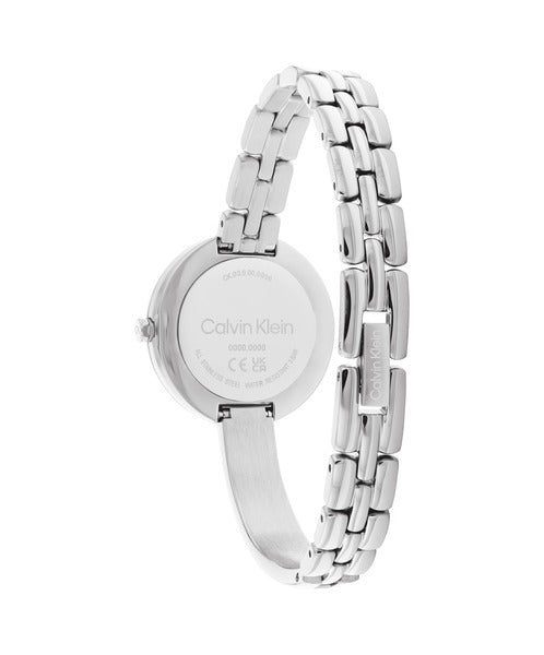 Calvin Klein Bangled CK25200278 klockans baksida är silverfärgad.