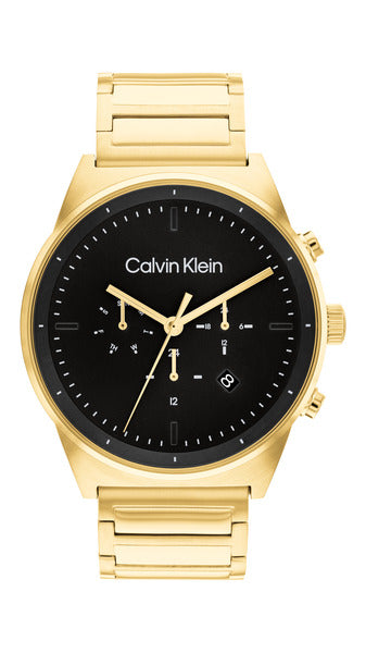 Calvin Klein Impressive CK25200294 herrklocka har en rund, svart urtavla med datum-, veckodag- och 12/24 h-visning samt guldfärgade index och visare. Ramen, boetten och remmen är guldfärgade.