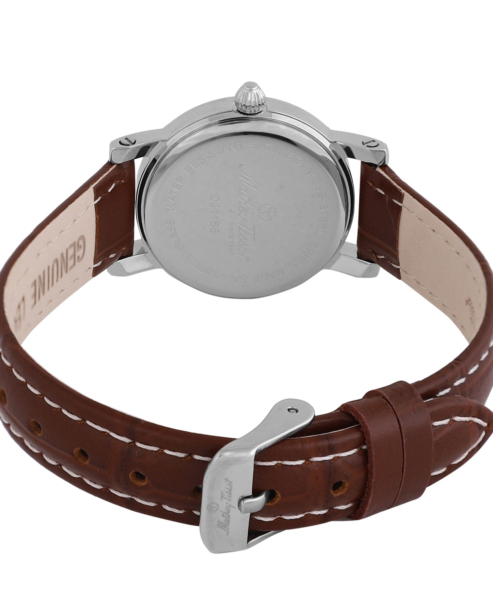 Mathey-Tissot City Leather D33186AI damklockans baksida är silverfärgad.