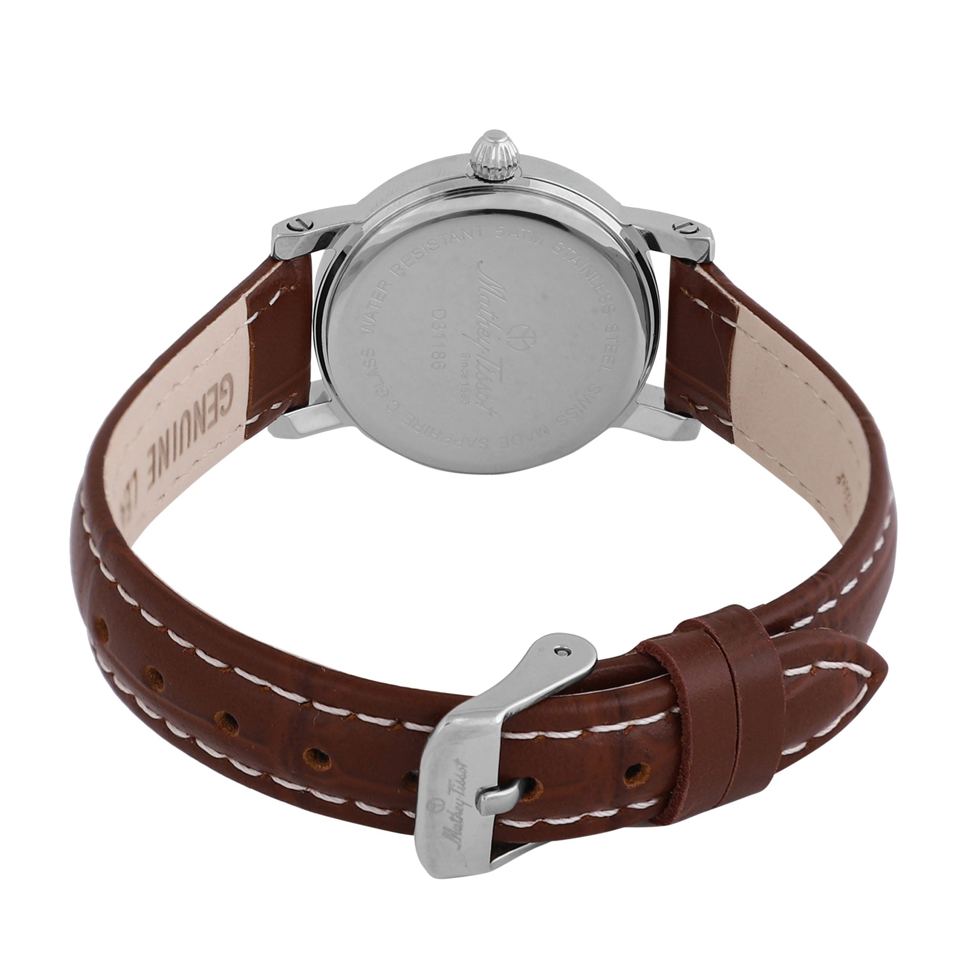 Mathey-Tissot City Leather D33186AI damklockans baksida är silverfärgad.