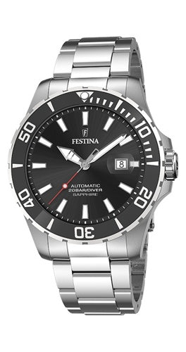 Festina F20531/4 Automatic herrklocka har en rund, svart urtavla med datumvisning och självlysande index och visare. Ramen är svart med silverfärgade minutmarkeringar. Remmen är silverfärgad.