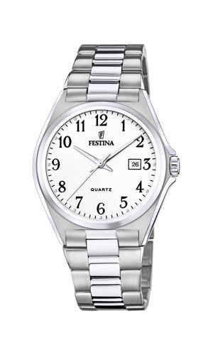 Festina Classic F20552/1 herrklocka har en rund, vit urtavla med datumvisning och svarta numeriska index. Visare är silverfärgade. Ramen och remmen är silverfärgade.