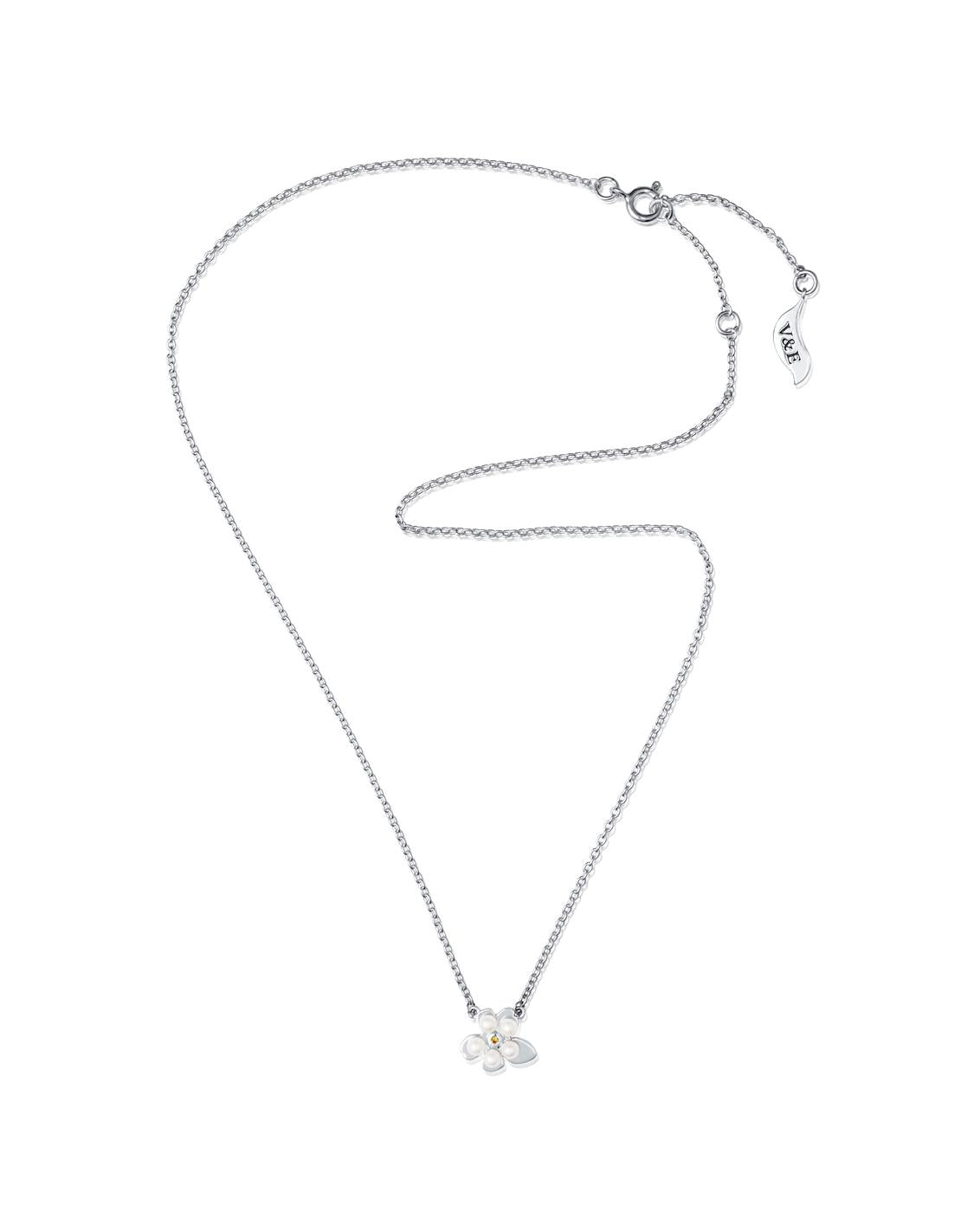 Efva Attling Förgätmigej 10-100-02345 halsband har en tunn silverkedja och en blomformad prydnad. I den centrala delen av blomman finns en gul citrin och i kronbladen finns vita pärlor.