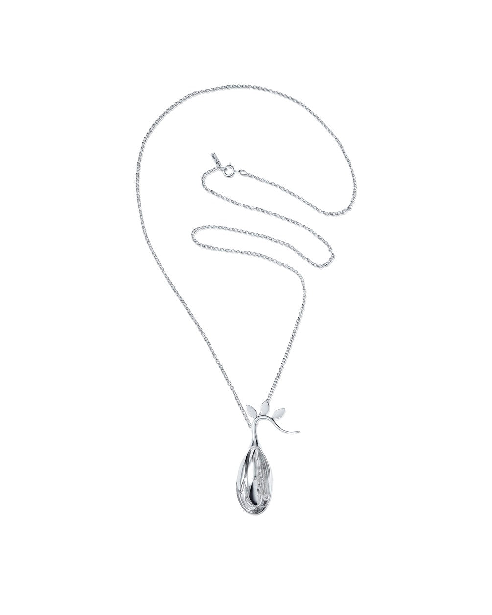 Efva Attling Freesia 11-100-02082 halsband har en tunn kedja och ett ovalt hänge med en böjd stjälk med små blad på toppen