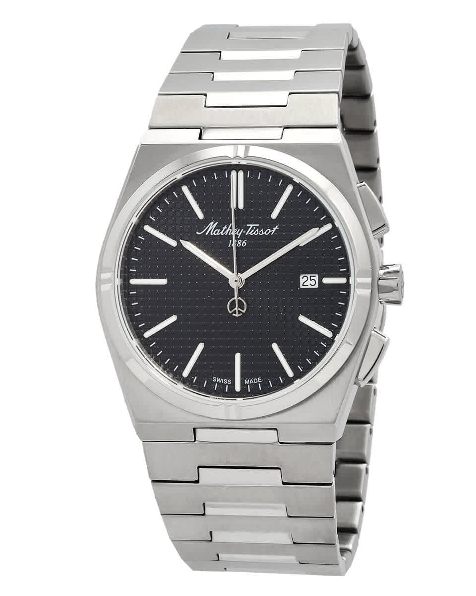 Mathey-Tissot H117AN herrklocka har en rund, svart urtavla med datumvisning och silverfärgade index och visare. Ramen, boetten och remmen är silverfärgade.