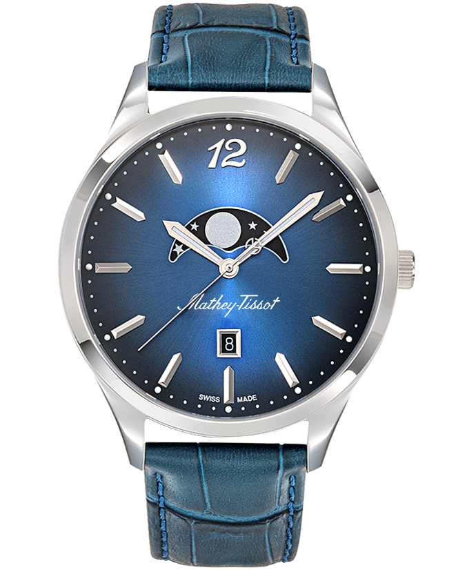 Mathey-Tissot Urban Moon H411LABU herrklocka har en rund, blå urtavla med datum- och månfas visning, samt silverfärgade index och visare. Ramen och boetten är silverfärgade. Remmen är en blå läderrem med blåa sömmar.