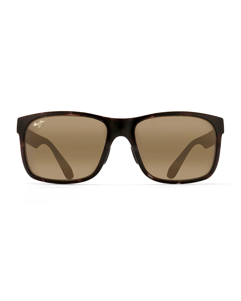 Hienostuneet Maui Jim Red Sands -aurinkolasit suoraan edestä. Harmaankirjavat Grey Tortoise -kehykset ja ruskehtavat HCL Bronze -linssit.