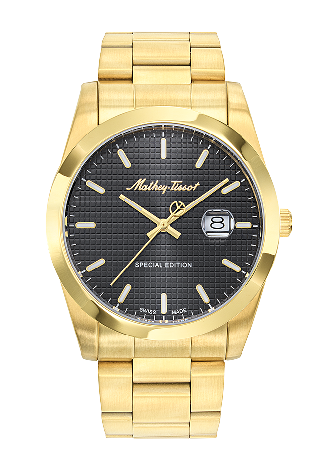Mathey-Tissot Mathy Chess H452PN herrklocka har en rund, svart rutig urtavla med datumvisning och guldfärgade självlysande index och visare. Ramen, boetten och remmen är också guldfärgade.