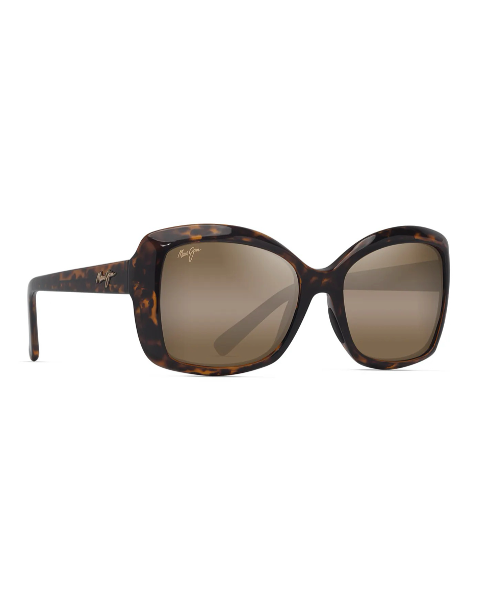Maui Jim Orchid Dark Havana -aurinkolasit kuvattuna etuviistosta, jossa näkyvät kehyksen kaarevat linjat, mustat nenätyynyt ja linssien hienovaraiset peiliheijastukset.