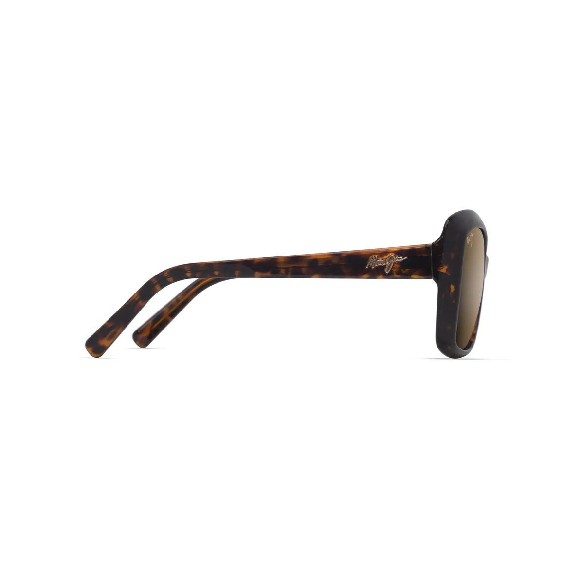 Profiilikuva naisten Maui Jim Orchid -aurinkolaseista sivulta katsottuna. Tasapainoinen ja korkealaatuinen tummanruskea aisa, joka kaartuu sulavasti korvan taakse.