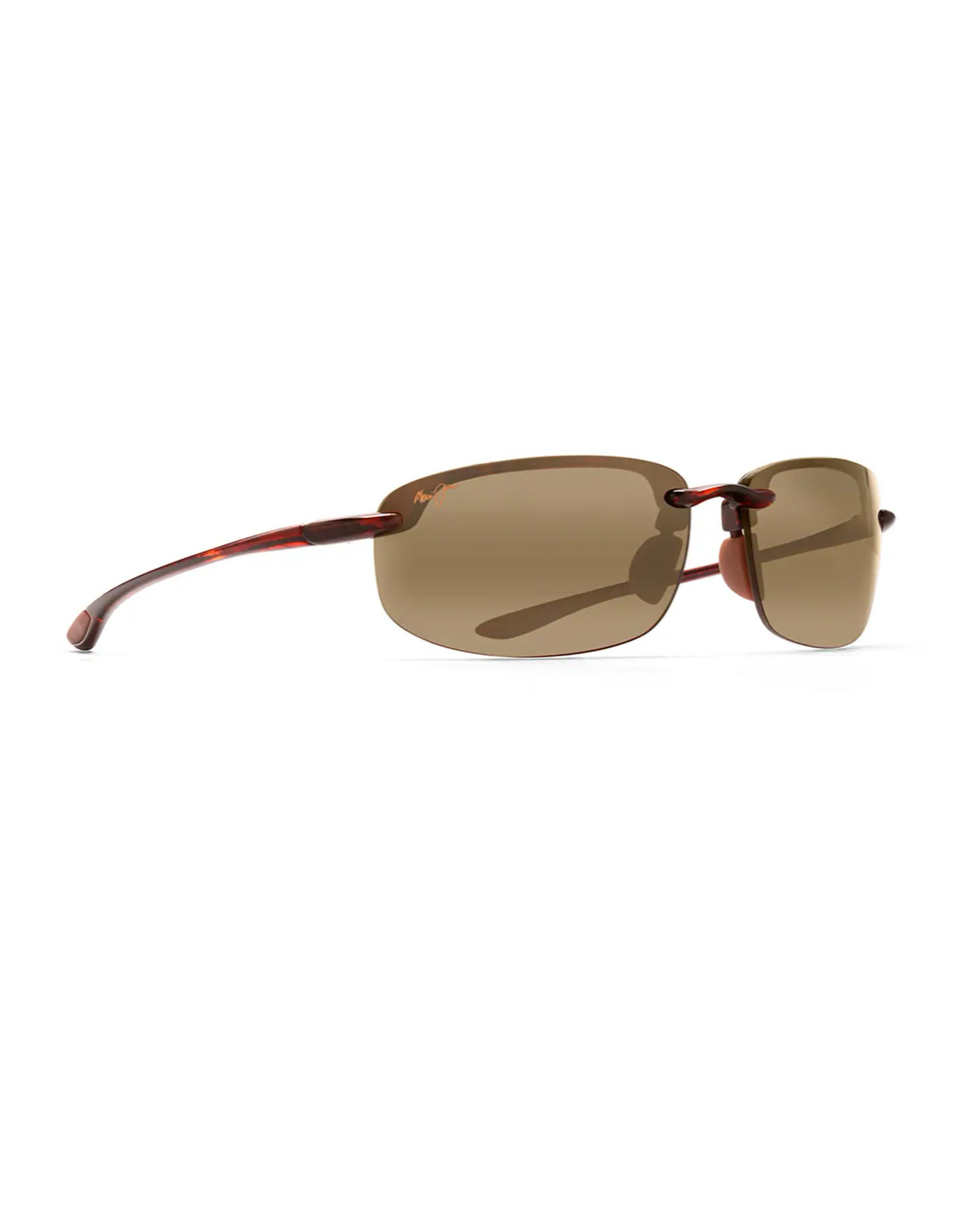 Maui Jim Ho'okipa Reader H807-1020 Tortoise solglasögon från sidan med fokus på den sköldpaddsmönstrade skalmen.