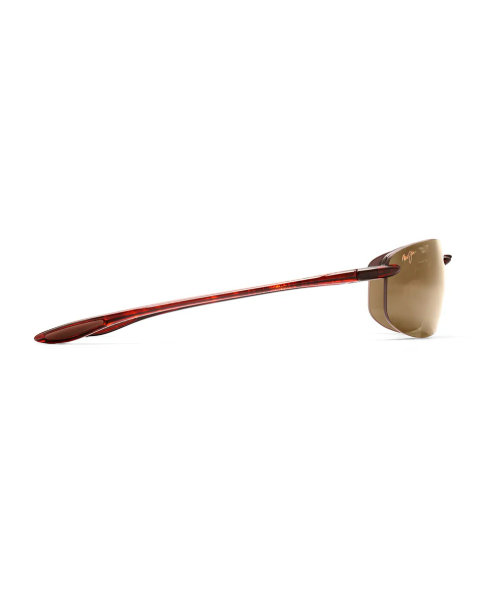 Maui Jim Ho'okipa Reader H807-1020 Tortoise solglasögon från sidan med fokus på den sköldpaddsmönstrade skalmen.