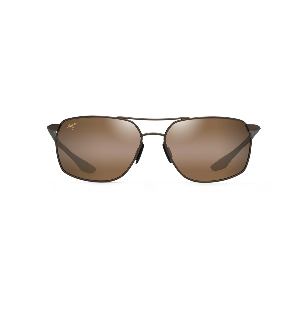 Ylelliset, suorakaiteen muotoiset Maui Jim Pu'u Kukui -aurinkolasit suoraan edestä kuvattuna. Pronssinvärinen Monel-metallirunko, tuplasilta ja ruskehtavat HCL Bronze -linssit.