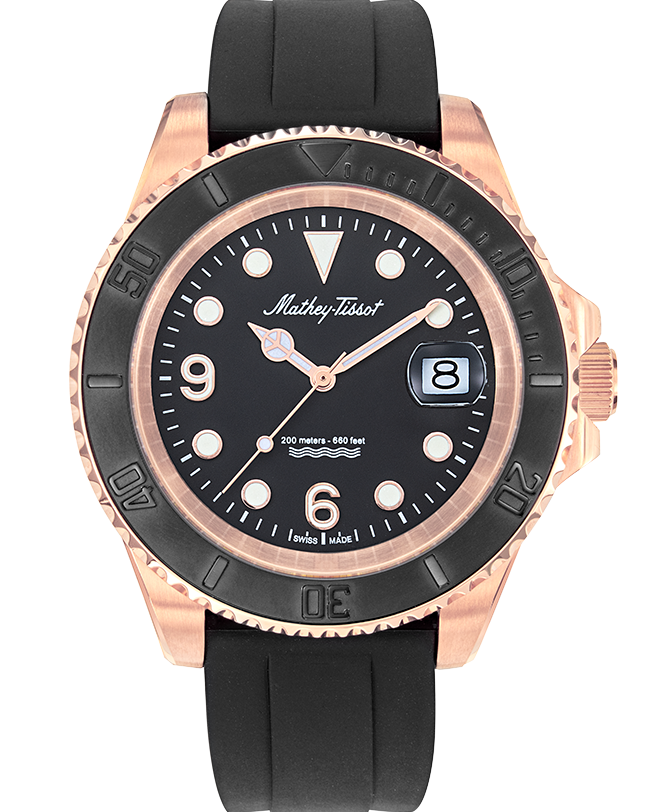 Mathey-Tissot Mathy Design H909PN herrklocka har en rund, svart urtavla med datumvisning, roséguldfärgade och självlysande index och visare. Ramen är svart och boetten är roséguldfärgad. Remmen är en svart silikonrem.