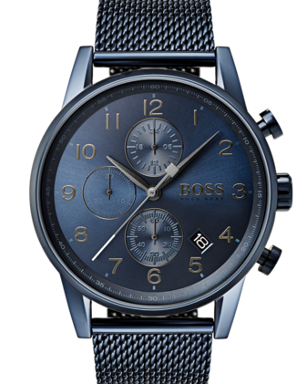 Hugo Boss BOSS Navigator HB1513538 -miesten kronografikello suoraan edestä. Kellossa on tummansininen teräsrunko, sininen mesh-ranneke ja sininen kellotaulu selkeillä numeroilla.