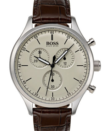 Hugo Boss BOSS Companion HB1513544 -miesten kronografikello suoraan edestä. Kellossa on hopeanvärinen teräsrunko, tyylikäs beigenvärinen kellotaulu ja ruskea nahkaranneke.
