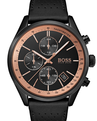 Hugo Boss BOSS Grand Prix HB1513550 -miesten kronografikello. Musta PVD-teräsrunko, rei'itetty musta nahkaranneke ja musta kellotaulu ruusukullatuilla yksityiskohdilla.